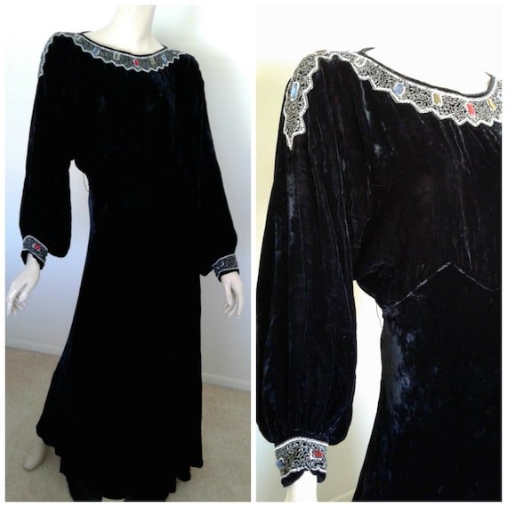Stunning Vintage 1930 Black Silk Velvet Dress Beaded Formal Gown 