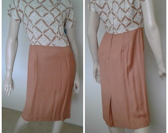 Vintage 50s/60s Dress/1960 Mad Men~Mrs Maisel/Linen Wiggle mod Brown Copper White/1950 Rockabilly/Small/Medium