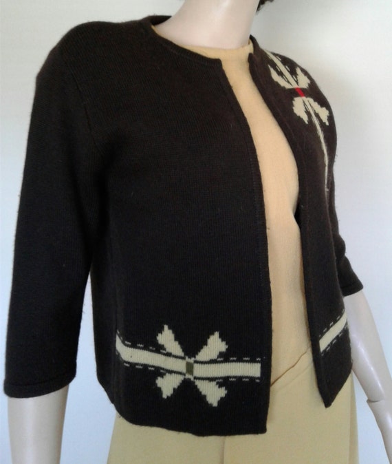 Vintage 50's/60's Brown Yellow Knit Sweater/Cardi… - image 5