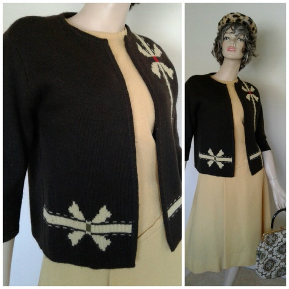 Vintage 50's/60's Brown Yellow Knit Sweater/Cardi… - image 1