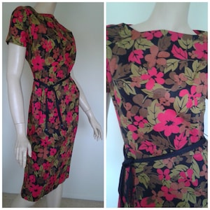 Vintage 50s/60s Cotton Dress/1960 Mad Men~Mrs Maisel/Pink Green Brown/Floral Print/1950 Rockabilly/Small/Fashion Frocks/Spring Summer Fall/