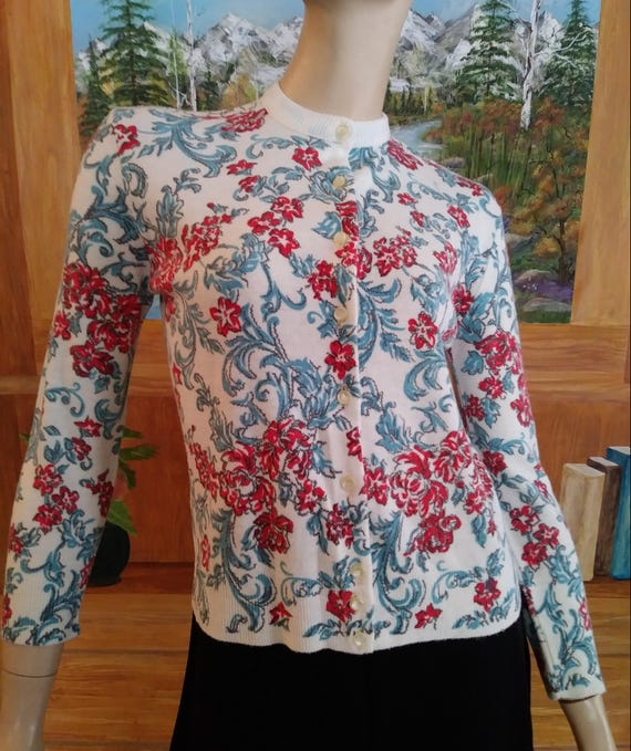 Vintage 50's/60's Sweater/Cardigan/Long 3/4 Sleeve/1950 Rockabilly /1960 Mad Men~Mrs Maisel/Sm~Med/Red White Blue/July 4th Spring Summer