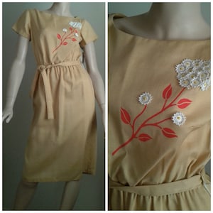 Vintage 50s/60s Dress/Yellow Orange/Beaded Flower/1960 Mad Men~Mrs Maisel/Rayon/Spring  Summer/Sz Ex. Sm/Deadstock/1950 Rockabilly/ Garden