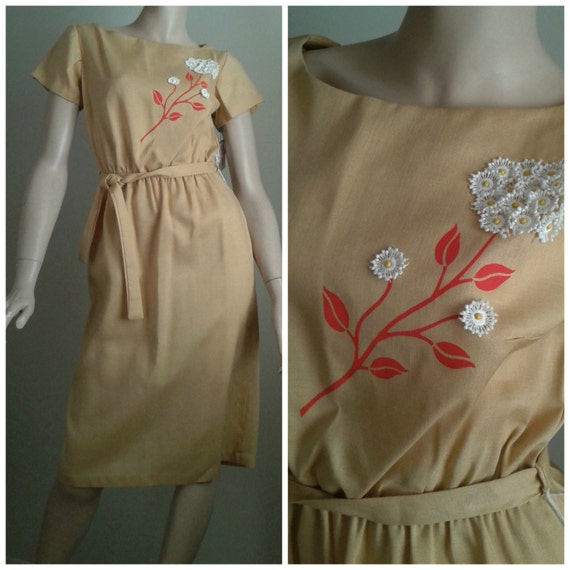 Vintage 50s/60s Dress/Yellow Orange/Beaded Flower… - image 1