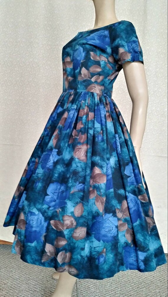 Vintage 50s/60s Shirtwaist Cotton Dress/Blue Brown