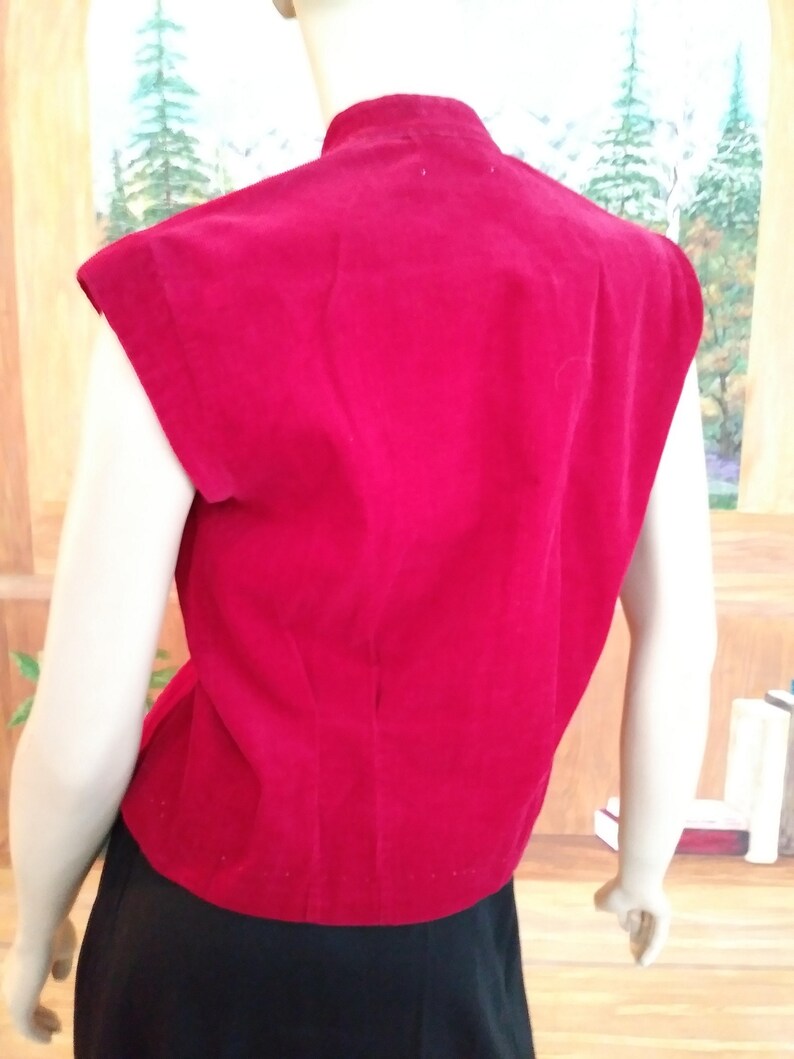 May include: A sleeveless red velvet top with a high neckline and a fitted silhouette.