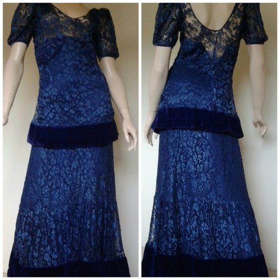 Vintage 20s/30s Dress Blue Lace Velvet Steampunk … - image 3