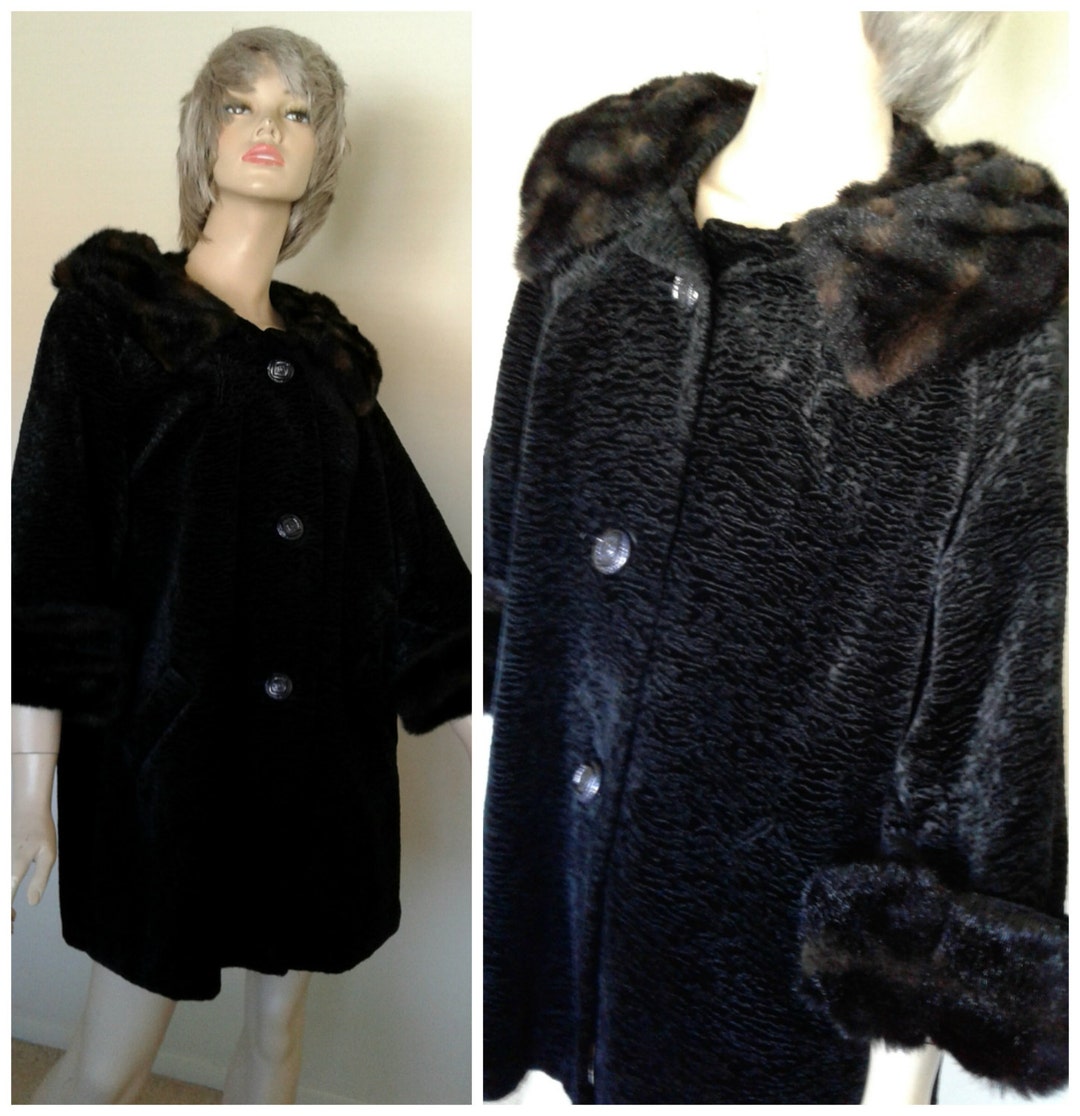 Vintage 50s/60s Black Coat Faux Fur Cuffs Crushed Velvet - Etsy