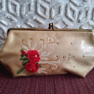 Vintage 50s/60s Clutch Purse/Red Rose~ Gold White Sparkle/1950 Rockabilly/1960 Mad Men~Mrs Maisel/ Christmas Holiday Party Wedding