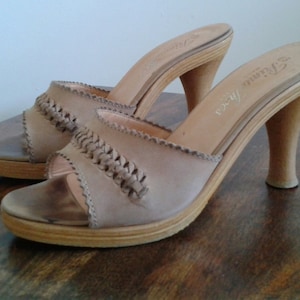 Vintage 50s  Leather Mules/ Wood Heels Shoes/Italian PRIMA /Open toe/Size 6/1950 Rockabilly Pin up Girl Sexy Sandals/Summer