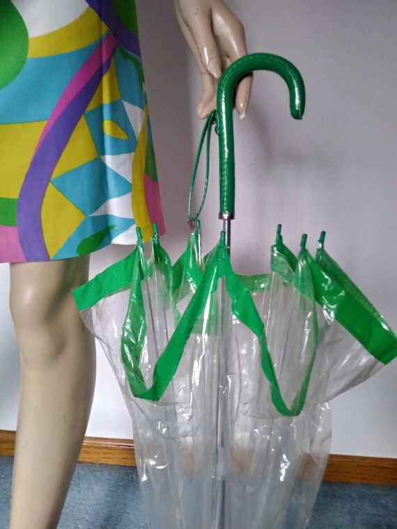 Vintage 50s/60s/70s  Umbrella/Green Clear Vinyl/W… - image 3