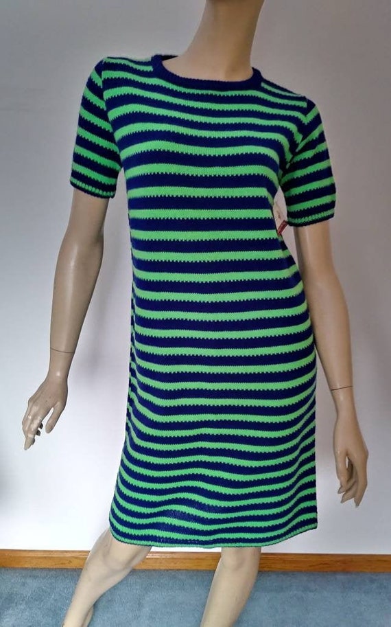 Vintage 60s/70s Knit Dress/Green Blue/Shift/1960 … - image 1