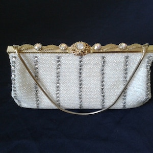 Vintage 50s/60s Rhinestone Purse~Clutch~Beaded Evening bag/Gold Cocktail Party/Petite-Bead Design/White Wedding/Formal Prom/Mad Men~Maisel