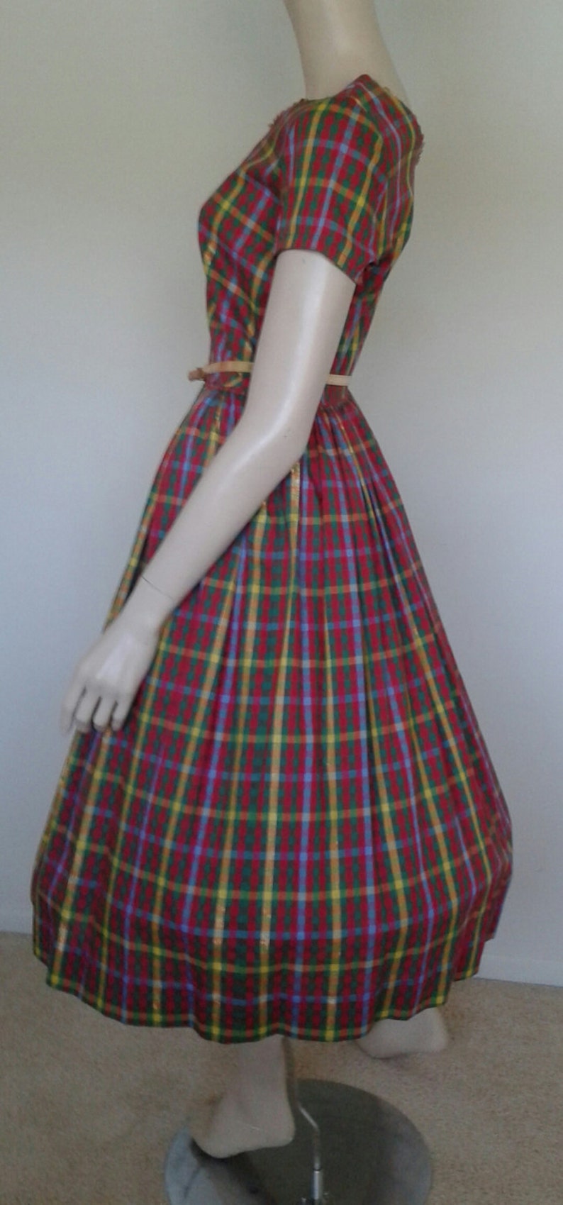 Vintage 50s60s Cotton DressRed Green Plaid1950 Rockabilly Pinup Patio Picnic Size SmDeadstock1960 Mad Men~Mrs MaiselSummer Party