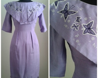 Butterfly Vintage 50s/60s Dress/Novelty Print/Lavender~Purple Linen/1960 Wiggle/1950 Wedding/Small/Rockabilly Pin-up/Mad Men~Mrs Maisel/