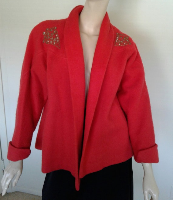 Vintage 40s Red Short Coat Wool Rhinestone Swing C