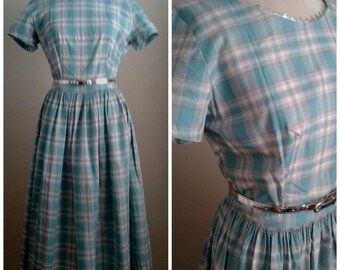 Vintage 50s/60s Cotton Dress/Blue~Gray~Silver Plaid/Deadstock/1950 Rockabilly Pinup/1960 Mrs Maisel~Mad Men/Size Small/Spring Summer