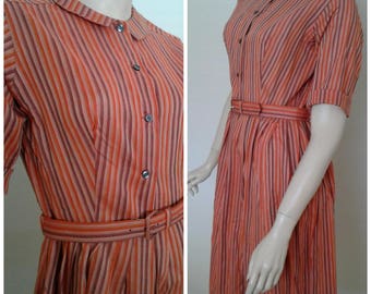 Vintage 50s/60s Cotton Dress/Orange Striped/Shirtwaist/DEADSTOCK/Everyday Dress/1950 Rockabilly/1960 Mad Men~Mrs Maisel Style/Sz Medium