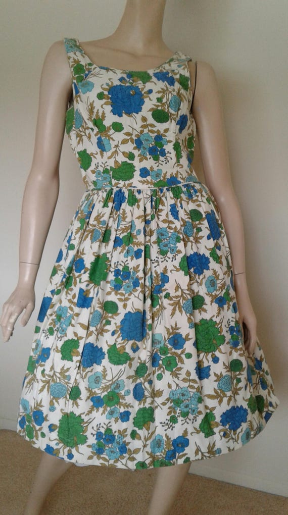 Vintage 50s/60s Cotton Dress/Green Blue White Flo… - image 4