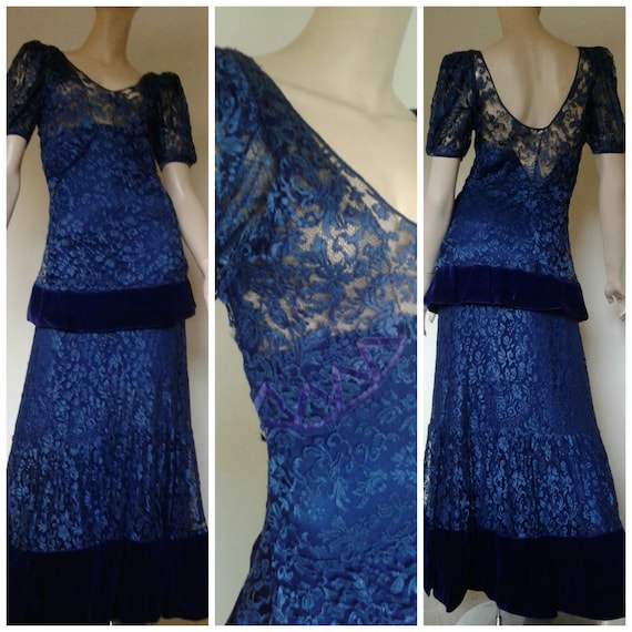 Vintage 20s/30s Dress Blue Lace Velvet Steampunk … - image 1