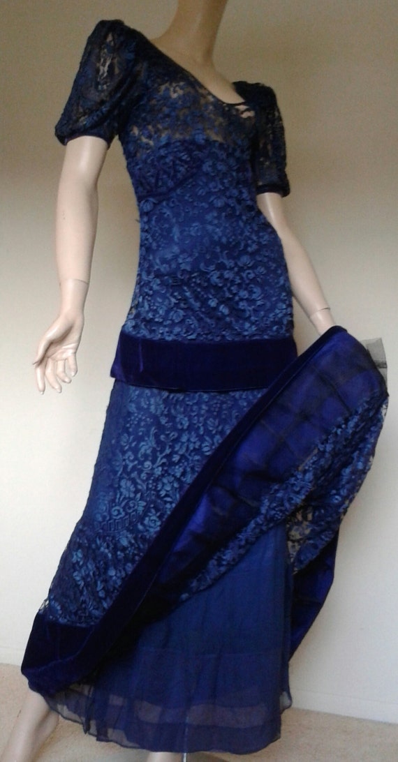 Vintage 20s/30s Dress Blue Lace Velvet Steampunk … - image 4