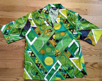 Vintage 50s/60s Cotton Green Shirt Top Mod Blouse Button front/Deadstock/1960 Man Men~Mrs Maisel/Sz M~L/Spring Summer/Modern Screen Print