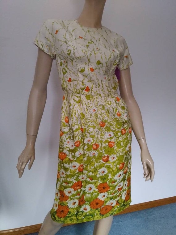 Vintage 50s/60s Dress/Yellow Green Orange Flower/… - image 1