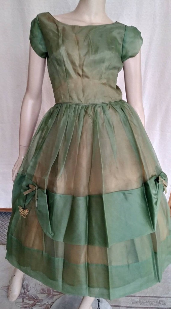 Vintage 50s/60s Green Gold Party Dress/1950 Formal