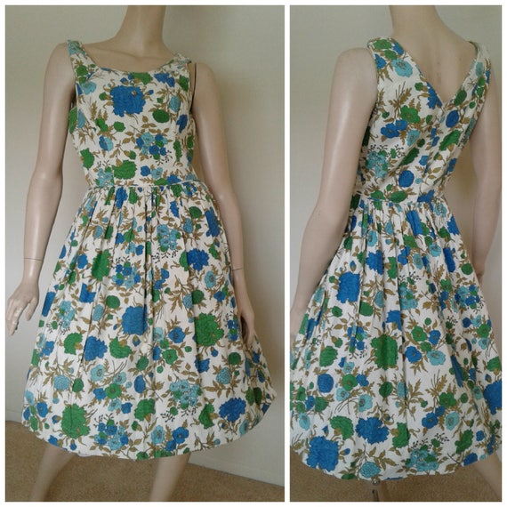 Vintage 50s/60s Cotton Dress/Green Blue White Flo… - image 2