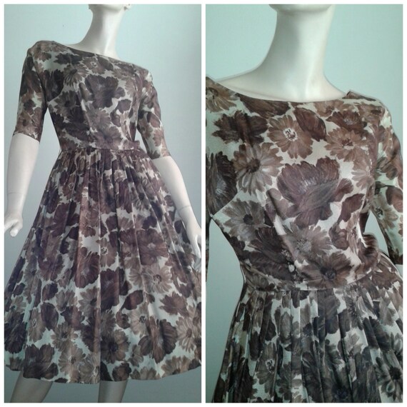 Vintage 50s/60s Dress/Autumn Floral/1950  Party Dress/1960 Mad Men Mrs Maisel Style/Sz. Med. /Spring Fall Brown Beige