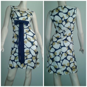 MOD Vintage 60s/70s Dress Modern Abstract~Atomic print/ Linen/ White Blue Yellow /Small/1960 Mad Men/Spring Summer/Wedding/Cocktail Party