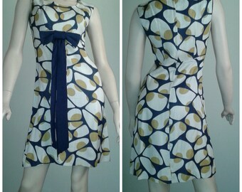 MOD Vintage 60s/70s Dress Modern Abstract~Atomic print/ Linen/ White Blue Yellow /Small/1960 Mad Men/Spring Summer/Wedding/Cocktail Party