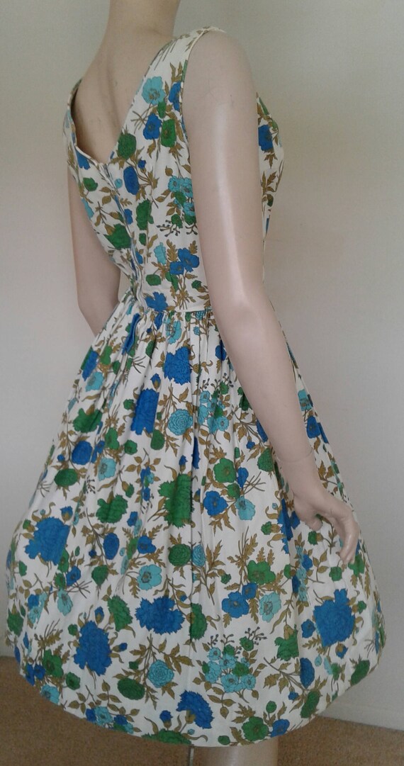 Vintage 50s/60s Cotton Dress/Green Blue White Flo… - image 5