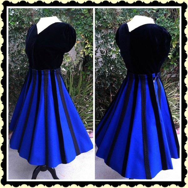 Vintage 50s Skirt & Top~Roylal Blue Black Felt/Velvet Set/Designer " Doris Dodson" 1950's Swing Dance Rockabilly Sz Small Full skirt