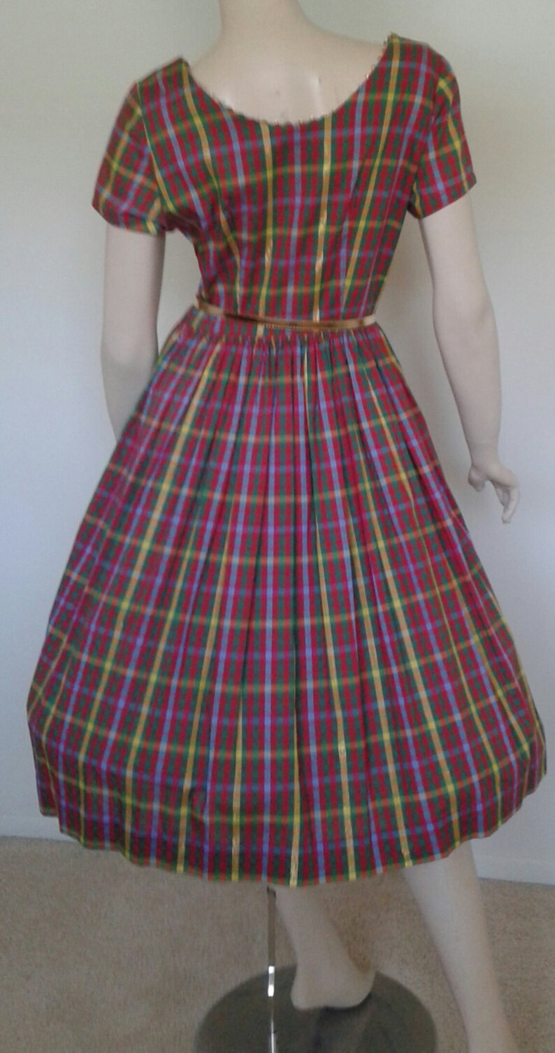 Vintage 50s60s Cotton DressRed Green Plaid1950 Rockabilly Pinup Patio Picnic Size SmDeadstock1960 Mad Men~Mrs MaiselSummer Party