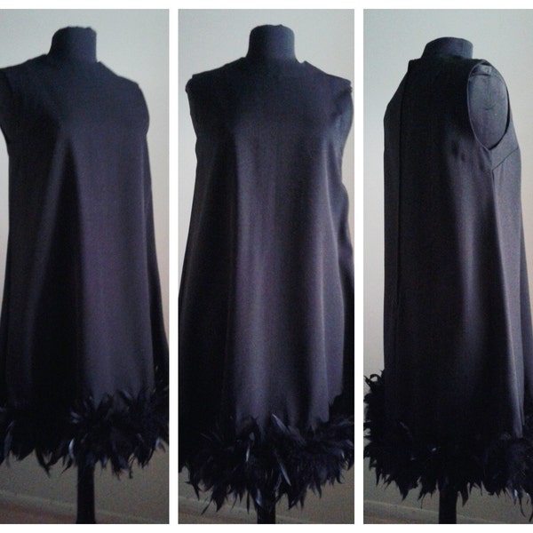 Mod Feather Vintage 60's/70's Dress /Cocktail Party/1960's Mad Men Style/Inky Black/Size Medium~Large/Modern 1970's