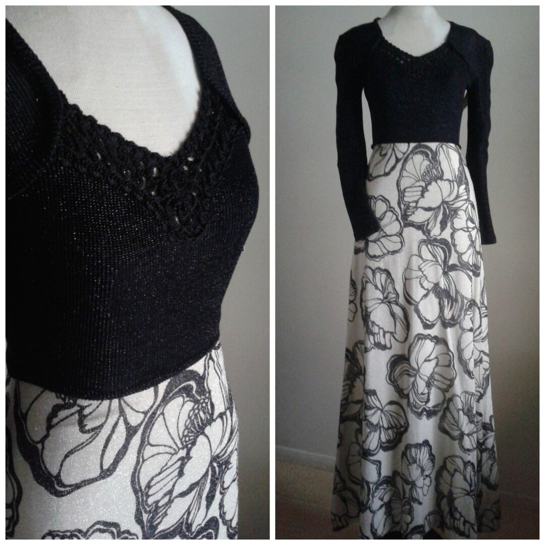 VTG 60s 70s BLACK SILVER GLITTER LUREX SEQUIN TRIM PARTY STUDIO 54 DRESS 10 12