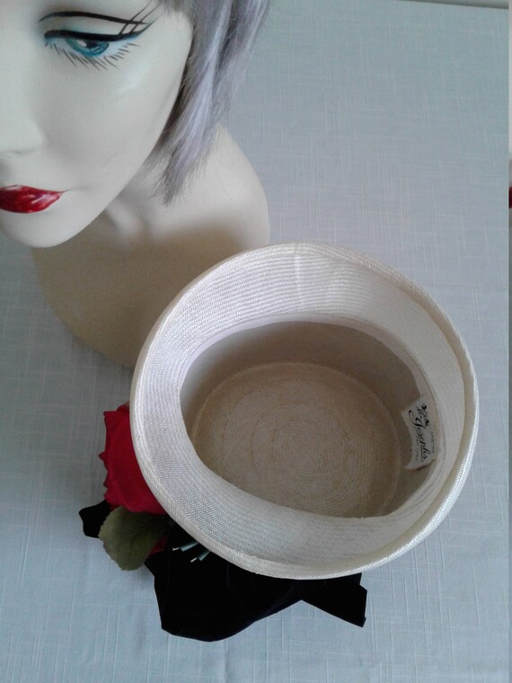 VTG Mr Josephs Hot Pink Straw Hat Lg Pink Rose Trim Velvet Ribbon pink straw hat, 1960s summer hat, mr Josephs | Black Label  main image 4