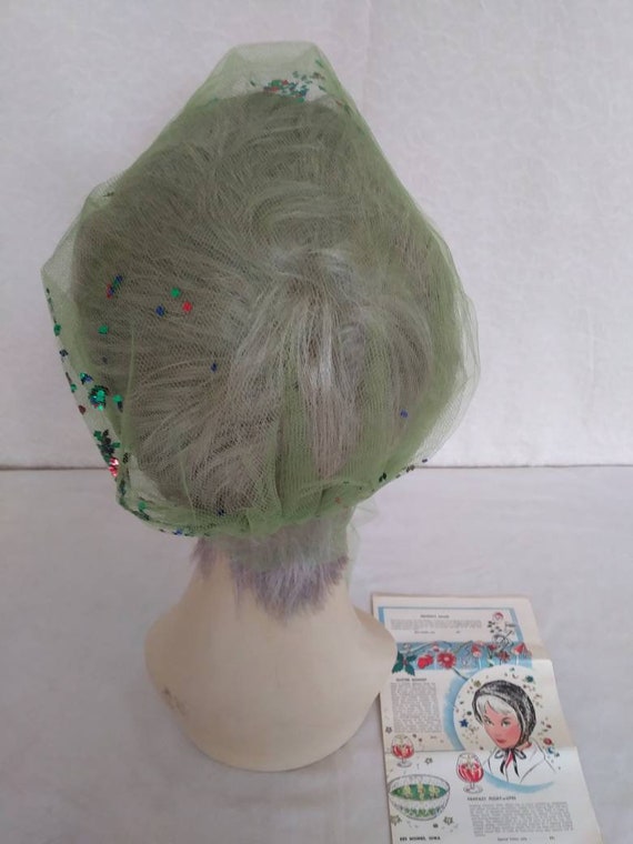 Vintage 50s/60s Green Bonnet Scarf Hat/Glitter Re… - image 4