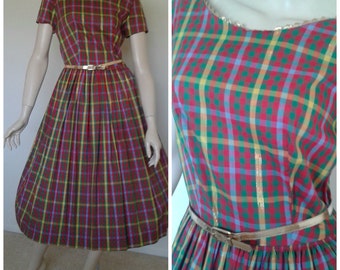 Vintage 50s/60s Cotton Dress/Red Green Plaid/1950 Rockabilly Pinup Patio Picnic /Size Sm/Deadstock/1960 Mad Men~Mrs Maisel/Summer Party
