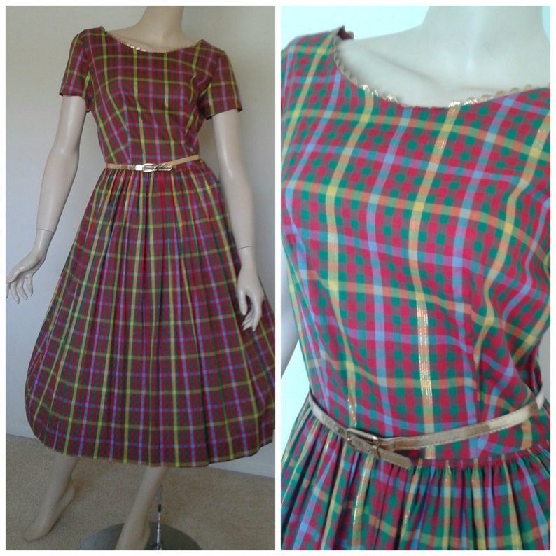 Vintage 50s60s Cotton DressRed Green Plaid1950 Rockabilly Pinup Patio Picnic Size SmDeadstock1960 Mad Men~Mrs MaiselSummer Party