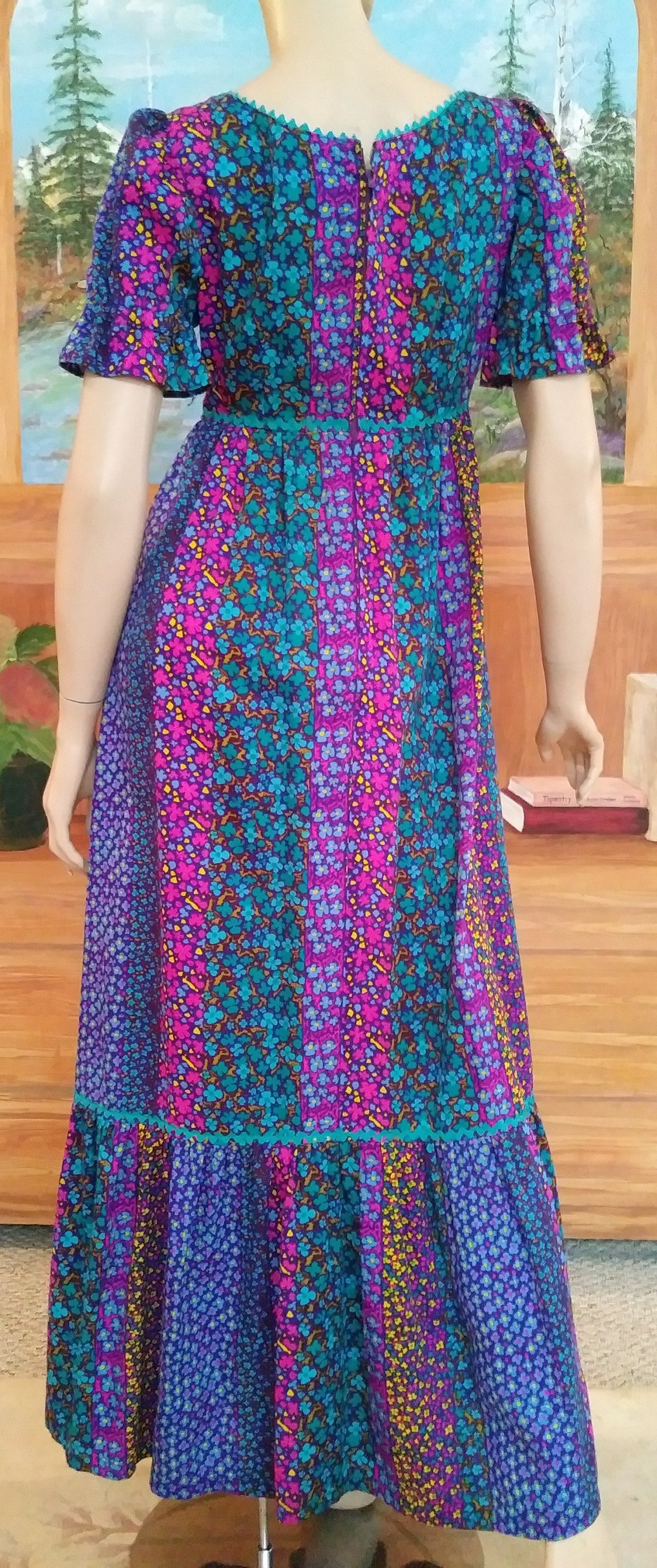 VINTAGE 60s 70s BLUE PINK BLACK GREEN DITSY FLORAL SHEER MAXI DRESS 6 main image 0