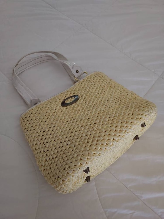 Vintage 50s/60s Purse/Handbag/Yellow White Raffia… - image 1