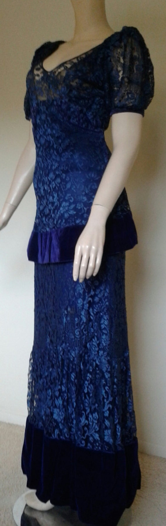 Vintage 20s/30s Dress Blue Lace Velvet Steampunk … - image 2