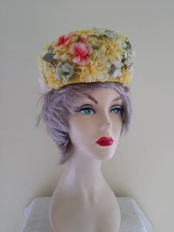 Vintage 50s/60s Yellow Flower Hat/garden Party /fancy Bucket 