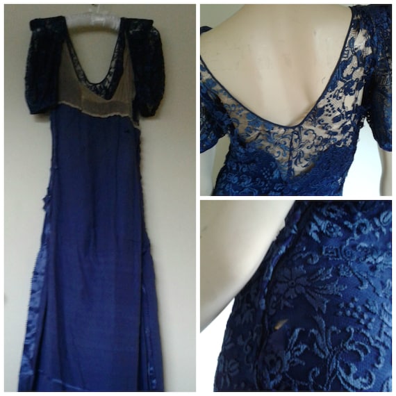 Vintage 20s/30s Dress Blue Lace Velvet Steampunk … - image 5