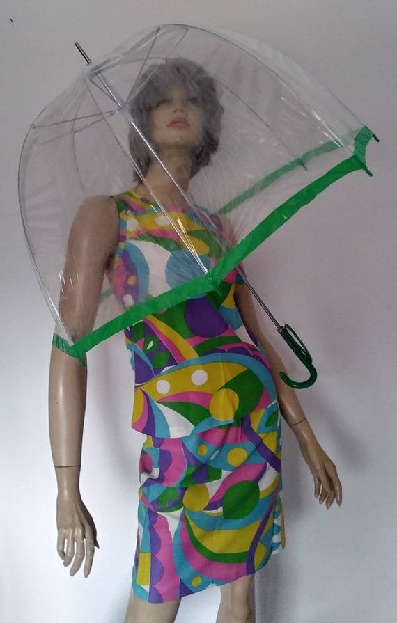 Vintage 50s/60s/70s  Umbrella/Green Clear Vinyl/W… - image 1