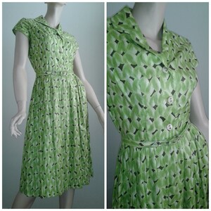 Vintage 50s/60s Cotton Dress /Shirtwaist/1960 Mad Men~Mrs Maisel/Mint Green~Brown/1950 Rockabilly Pin -up Girl/Sz Sm/Deadstock