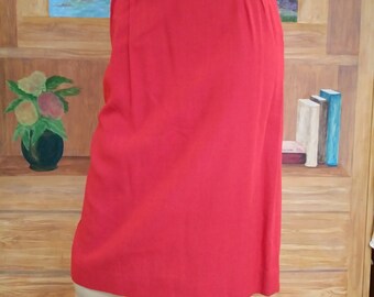 Vintage 50s/60s RED Skirt/Cotton Linen/Pencil fitted/1950 Rockabilly Pinup/High 26" waist/1960 Mad Men~Mrs Maisel/Secretary/Sz S/Valentine