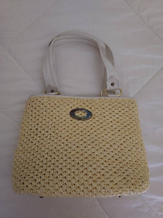 Vintage 50s/60s Purse/Handbag/Yellow White Raffia… - image 6